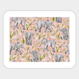 Baby Elephants and Egrets in watercolor - blush pink Sticker